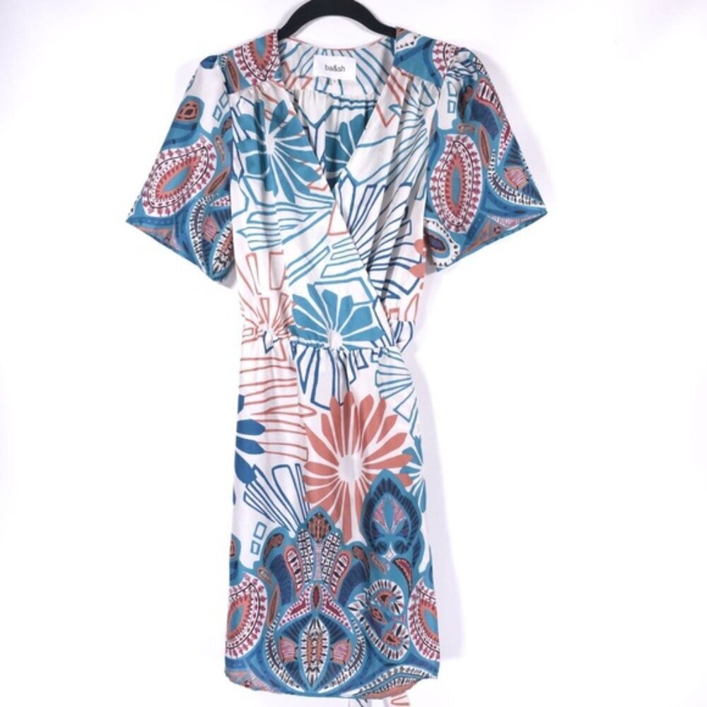 NWT Ba&sh ROBE JARA Mixed Print Wrap Mini Dress Turquoise 1E23JARA Size 3 MEDIUM